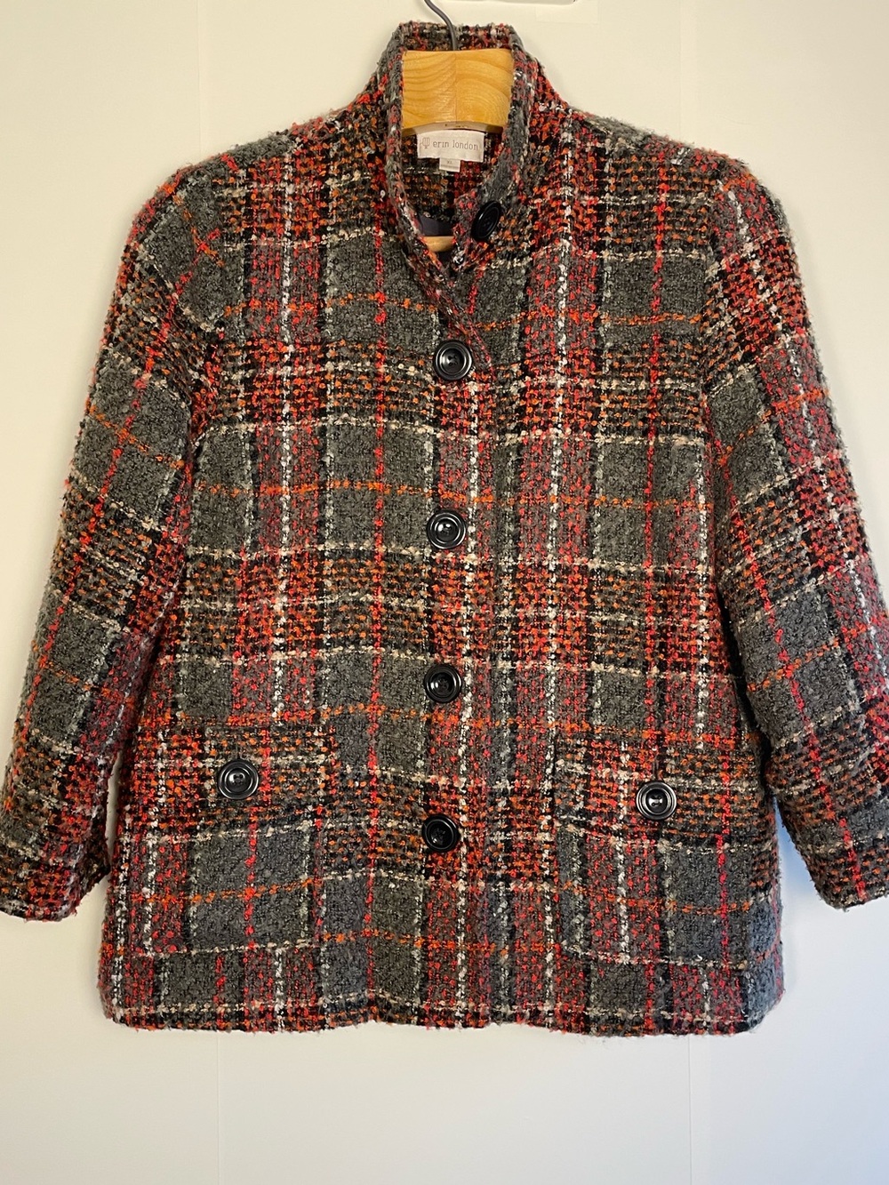 ERIN LONDON Plaid Tweed Blazer Jacket Gray Red Academia Lagenlook Cabin Size XL